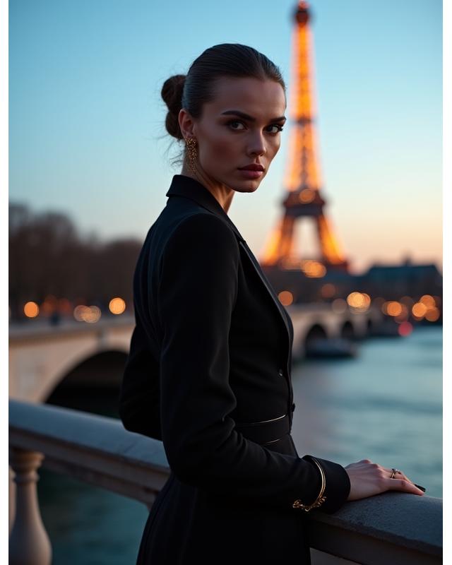 Mannequin posant élégamment sur un pont de Paris, avec la Tour Eiffel en arrière-plan, en tenue de haute couture