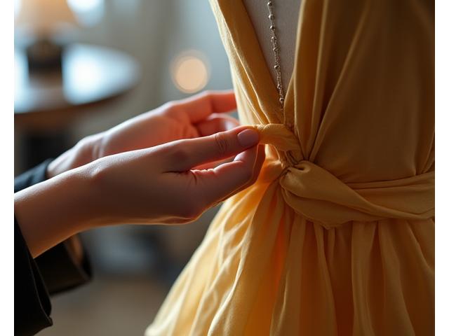Gros plan sur des mains d'artisan ajustant un tissu luxueux sur un mannequin de couture